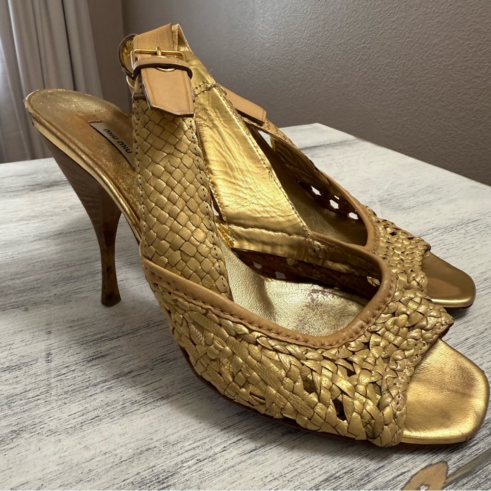 Miu Miu Gold woven braided Women's Heels size 36